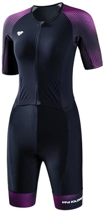 MY KILOMETRE Tuta da Triathlon Donna Maniche Corte – Trisuit con Cerniera Frontale Completa, Asciugatura Rapida con Tasche Posteriori, UPF 50+ per Nuoto, Ciclismo e Corsa