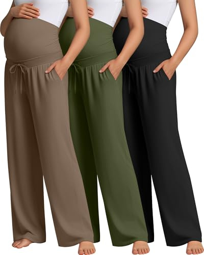 Oakgarden 3 Pcs Maternity Sweatpants Over The Belly Pregnancy Straight Wide Leg Elastic Drawstring Pants Joggers with Pockets(Black, Army Green, Coffee,Large)