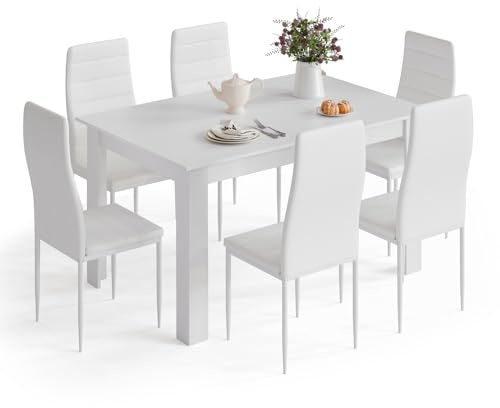 Mondeer Dining Table and Chairs Set 6, 138x90x75cm, for Kitchen Home Office | 6 Seater Table and Chairs Set Dining Room Sets High Back Faux Leather Chair , Wooden, White Table and Chairs