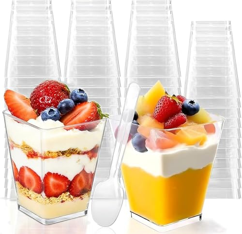 Alitree 50 pezzi Monoporzione per dolci con cucchiai, 5 OZ/160 ML ciotoline monoporzione, tazze da dessert quadrate riutilizzabili, per budini, mousse, Macedonia, Compleanni, Matrimoni