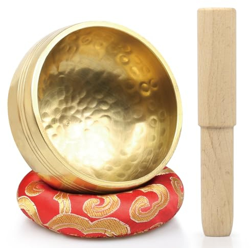 Zhiwei Tibetan Singing Bowl Set Meditation Bowl Handmade In Nepal & Sound Bowl with Cushion,Wellness Spaces & Yoga Therapy Tools Stress Relief Instruments. (Gloden)