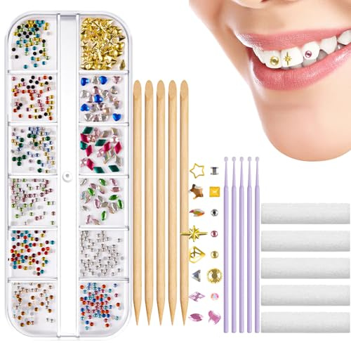Bijoux de dents en – Ensemble de décoration de dents brillantes, pierres précieuses à coller avec sourire étincelant, kit de cosmétiques DIY | 12 styles pour Halloween Costume Pa