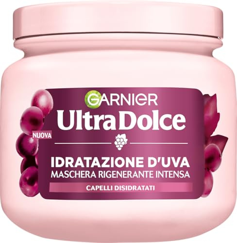 Garnier Ultra Dolce Idratazione d'Uva, Maschera Rigenerante Intensa, Per Capelli Disidratati, Idratazione Intensa, Capelli Luminosi e Rinforzati, Con Acqua d'Uva e Olio di Vinaccioli, 340ml