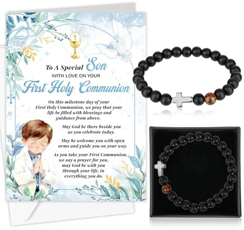 HOWAF First Holy Communion Card for Son, Congratulations Card & Black Natural Stone Cross Bracelet, Gift Box for 1st Holy Communion Gifts for Son