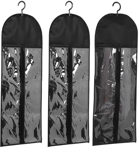 Ciieeo Set 3 Borse Antipolvere per Parrucche 80 Cm con Ganci Neri, Organizer da Armadio Sospeso per Extension Chioma, Custodia da Viaggio Leggera con Pannello Trasparente e Chiusura a