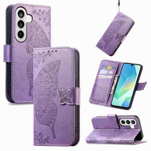 JIUNINE Fodral i bokformat för Samsung Galaxy S26, fodral i syntetiskt läder med 3D-relief med fjärilar, magnetiskt fäst, 3 kortplatser, 360°-skydd, fällbart stånd, Lila
