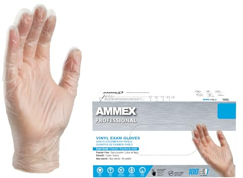 AMMEX Clear Vinyl Disposable Exam/Medical Gloves, 3 Mil, Latex/Powder-Free, Food-Safe, Smooth, Non-Sterile, Small, Box of 100