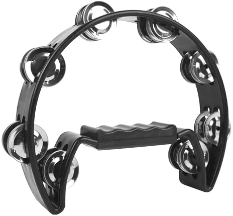 A-Star Half Moon Tambourine, Double Jingle Bell Cutaway with Ergonomic Grip Handle - Singers, Bands, Musicians, Music Classes - Black