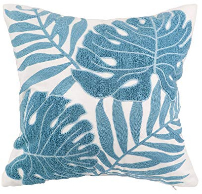 Hodeco Funda de cojín bordada de 18 x 18 pulgadas, diseño de hojas tropicales azul claro, decoración del hogar, color turquesa, funda de cojín para sofá, 45 x 45 pulgadas, funda de almohada 100 %