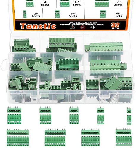 Tanstic 32 Sets Terminal Blocks, 5.08mm Pitch 2/3/4/5/6/7/8/9/10 Pin 10A 300V PCB Mount Screw Pluggable Male Female Terminal Block Connector