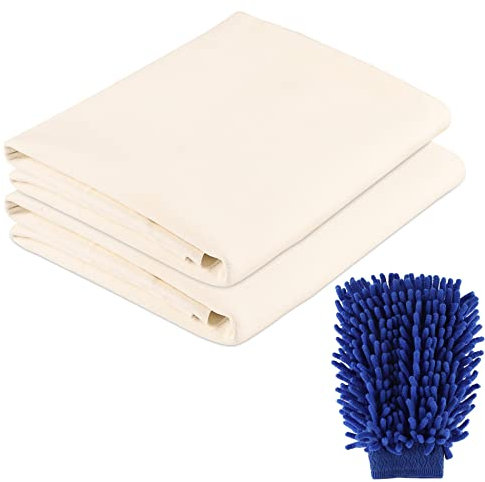 Fensterledertuch für das Auto, 2 Stück + 1 Bonus-Auto-Waschhandschuh – 59 x 80 cm, natürliches Fensterleder Reinigungstuch super saugfähig