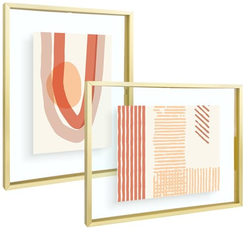 Frametory, Cornice portafoto flottante, 28 x 35 cm, cornice in metallo, in vero vetro, per montaggio a parete o da tavolo (color oro, 2 pezzi)