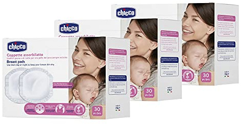 Chicco Copas absorbentes con antibacterianas, higiénicas y absorbentes, discos desechables para lactancia, invisibles debajo de la ropa, con tira adhesiva, 3 paquetes de 30 tazas, 90 unidades, Blanco