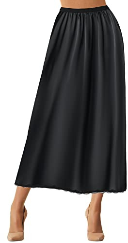Jadive Falda Larga de satén de Encaje para Mujer, Falda Larga para Vestidos, Falda de lencería, Negro, XL