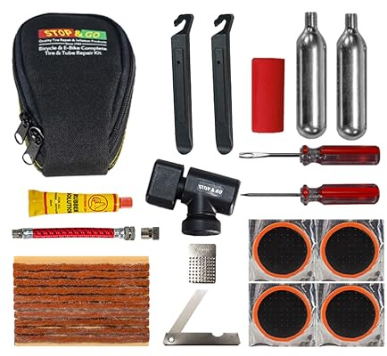Stop & Go 100 27 Piece Bicycle Repair & Inflation Kit for Tubeless and Tube-Type Tires Works on BMX, XC, Mountain, Road, Gravel, & E-Bikes (4 Patches & 10 Rope Plugs)