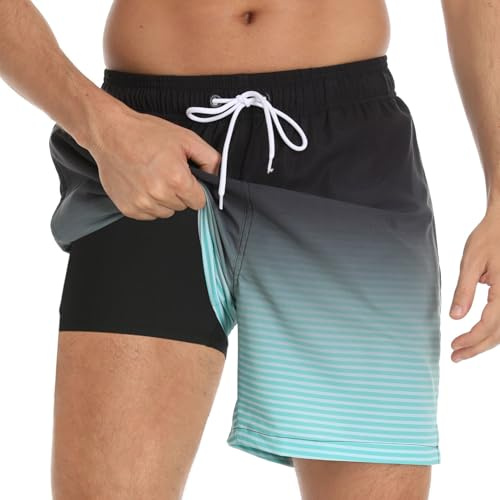 Aisprts Bañador Hombre Shorts de Baño 2 en 1 con Forro de Compresión Pantalones Cortos de Natación Elásticos de Secado Rápido Shorts de Playa con 2 Bolsillos con Cremallera