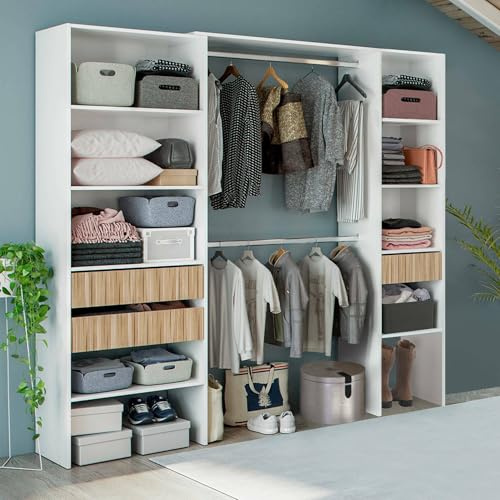 Dmora Guardaroba Grande Worland 40x187h cm Bianco 8 Ripiani Appendiabiti, Armadio Camera da Letto 3 Cassetti