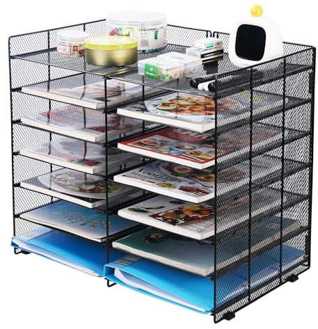 Solinxe 7-Tier Desk Tidy Organiser, Mesh 12 Compartments A4 Paper Letter Tray Organiser, Vertical Desktop Magazine File Holder, Metal Filing Storage Trays for Office Stationery Supplies, Black