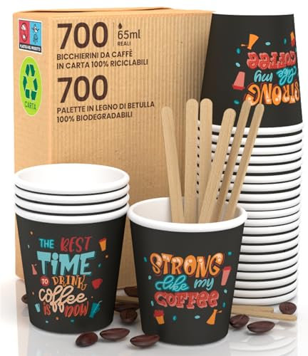 700 vasos de papel para café, 65 ml, vasos StrongLifeCup ecológicos, biodegradables, desechables, pequeños, para llevar bebidas calientes + 700 paletas de madera de abedul