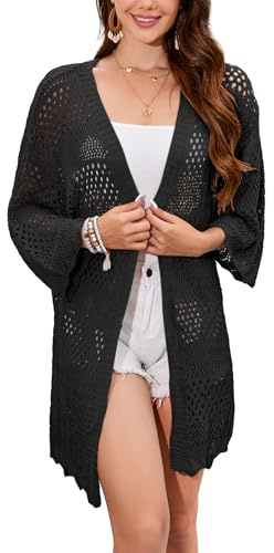 Famulily Summer Hollow Cardigans for Women, Ladies Open Front Swimsuit Long Beach Cover ups (L, Black)