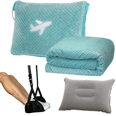 Nenolix 4-in-1-Reisedecke und Kissen-Set mit Flugzeug-Fußstütze, 350 g/m² dicke Reisedecke, Flugzeug kompakt mit Tasche, aufblasbares Kissen, Fußhängematte für Flugzeugreisen (Grün und Fußstütze)