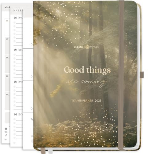 Lebenskompass Kalender 2025 Buchkalender A5 WALD - Schöner Wochenplaner 2025 & Terminkalender 2025 - stabiles Hardcover mit edler Folienprägung