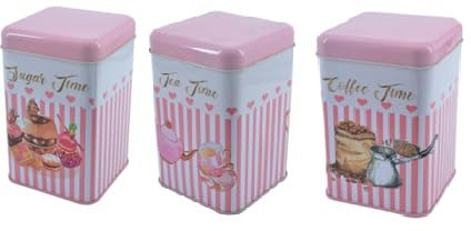 Nobel Retro Set of 3 Stainless Steel PINK Tea Coffee Sugar Jar Canisters Kitchen Container Tins Storage Organiser Set Air Tight Morden Design (PINK - SQUARE)