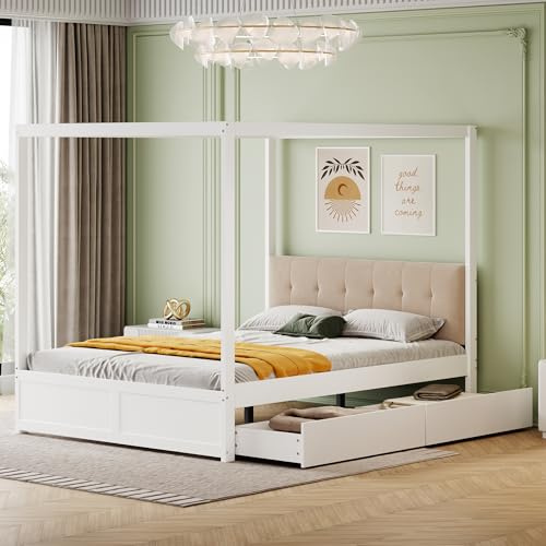 YESGIGA Himmelssäng 140 x 200 cm med stora lådor och mjukt ryggstöd, träsäng (vit)