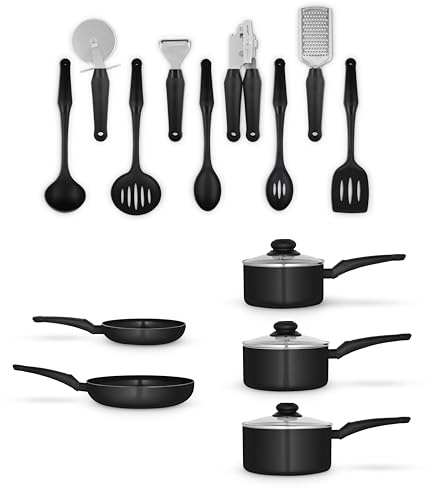 Swan Townhouse 14 Piece Aluminium Cookware and Tool Set with 16/18/20cm Saucepans with Glass Lids and 20/26cm Frying Pans, Black
