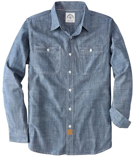 Dubinik Chambray skjorta män långärmad bomullsarbetströjor med 2 fickor casual button down, Denim blå, L (tall)
