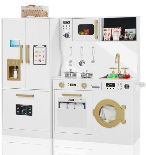 TODEFULL Play Kitchen Sets for Kids, Pretend Wooden Kids Kitchen Playset, Interactive Toy Kitchen with Freezer, Washing Machine, Ice Maker & Large Storage Space, for Boys Girls Ages 3+, White