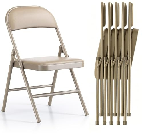 Asdsed Lot de 6 Chaises Pliantes Rembourrées, Jusqu'à 160 kg, Robuste et Stable, Gain de Place, Confortable Chaise Pliable pour Salon, Salle à Manger, Camping, Jardin, Cuisine, PU Kaki