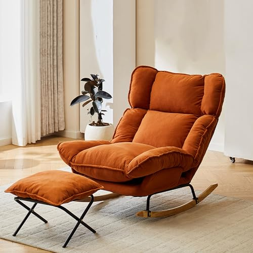 Sillón mecedora, mecedora, silla de lactancia, silla de lactancia, silla reclinable, silla reclinable, con respaldo ajustable, para oficina o salón (con reposapiés, naranja)