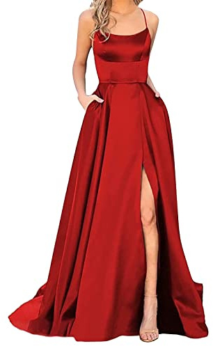 2025 Elegante vestido de baile para mujer, largo, espalda al descubierto, de satén Crisn, con tirantes de espagueti, abertura lateral, para boda, fiesta, con bolsillos, rojo, XL