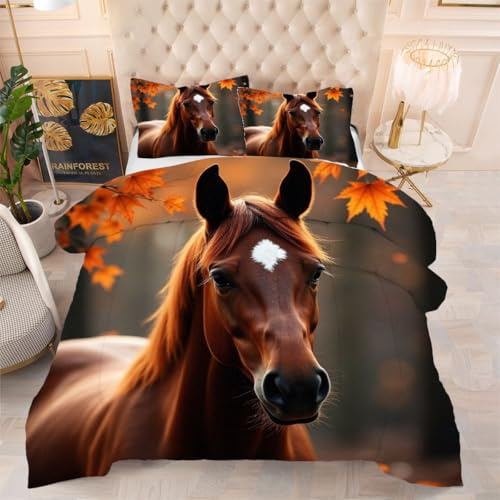 Gumntun Piumone 135x200 cm Cavallo Marrone, Lavabile In Lavatrice Leggero Biancheria Da Letto, 135x200 cm 3D Microfibra Singola Piumone Stampato con 2 X Federa (50 X 80 cm)