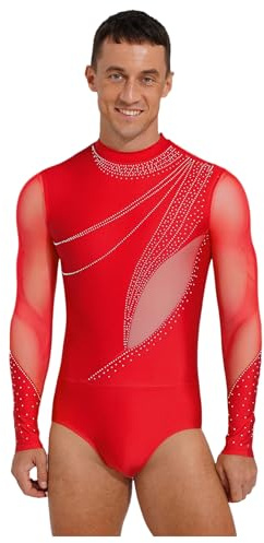 Runhomal Adultos Hombres Traje De Patinaje Artístico Top Baile Latino para Hombres Camisa De Patinaje Profesional Manga Larga de Malla, rojo, XXL