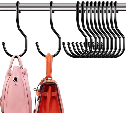 12 Pack Black Hooks for Hanging Heavy Duty, Purse Hanger for Closet, 5 Inch Unique Twist Design, Closet Rod Hooks for Hanging Bags, Purses, Handbags, Belts, Scarves, Hats,Clothes, Pans and Pots