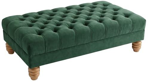 Chesterfield Footstool Coffee Table Large – Deep Button Tufted Plush Fabric Ottoman Bench, Thick Cushioned Living Room Foot Stool with Wooden Frame & 6 Inch Light Oak Feet (Green)