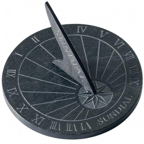 CKB LTD Slate Sundial Outdoor Garden Ornament - Large Round Tabletop Patio Sun Clock With Roman Numerals Display, Timepiece Decor