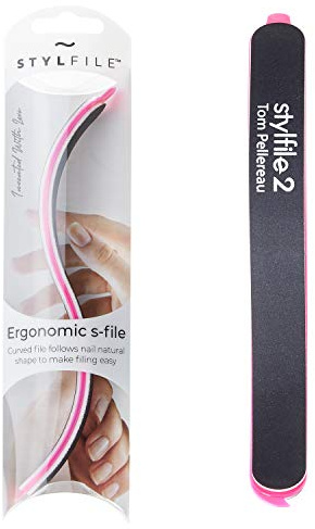 STYLFILE 2 Curved Nail File – S-Shaped Ergonomic Nail Shaper with Cuticle Pusher & Nail Skimmer, Ambidextrous Emery Board for Natural Nail Shape, Smooth Filing, at-Home Manicure Tool