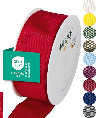 Halbach Seidenbänder Premium Geschenkband mit Drahtkante | Breite 40mm Länge 25m | Öko-Tex 100 zertifiziertes Schleifenband | Taftband Made in Germany, Farbe: rot
