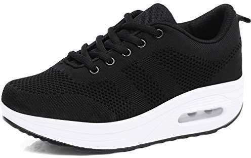 Solshine Damen Chic Plateau Schnürer Sneakers Walkmaxx Shape-up Fitnessschuhe Schwarz 40EU