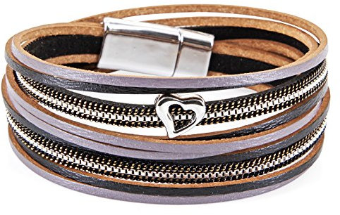 StarAppeal Armband Wickelarmband in Leder mit Herz, Kette und Magnetverschluss Silber, Damen Armband (Schwarz-Grau)