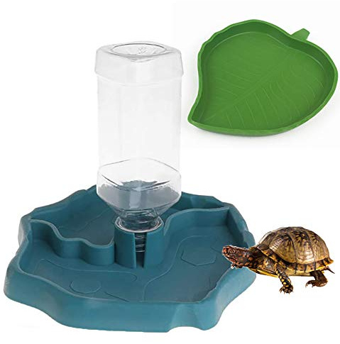 PINVNBY Reptile Food Water Bowl 2 in 1 Feeding Dish Automatic Dispenser Turtle Feeders Waterer With Leaf Plate Dish for Lizards Tortoises Gecko Chameleon 2 PCS (blue)