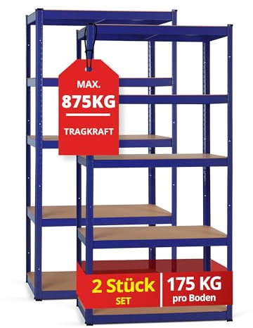 Stagecaptain 2X Set Heavyrack Lagerregal - 5 variabel montierbare Böden - Pulverbeschichtetes Metall - auch als Werkbank umbaubar - Tragkraft pro Boden: 175 kg - Tragkraft gesamt 875 kg - Blau