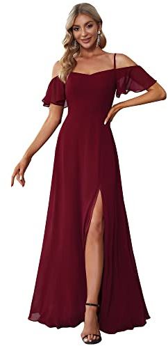 Ever-Pretty Robe de Soirée pour Mariage Invité Femme Longue Mousseline Épaule dénudée Élégante Bordeaux 40