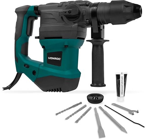 VONROC Marteau Perforateur 1500W - 6 Joules, SDS Plus, 4 Fonctions - Mandrin et Engrenages Fournis - Marteau Perforateur Électrique Fonction Anti-Vibration, Câble 3M - Robuste, Softgrip