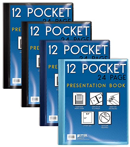 Bättre kontorsprodukter 12 fickor bunden presentationsbok, blandade färger, klar vy framsida, 24 arkskyddssidor, 21,5 cm x 28,9 cm ark, konstportfölj, poly-fodral, brevstorlek (4-pack)