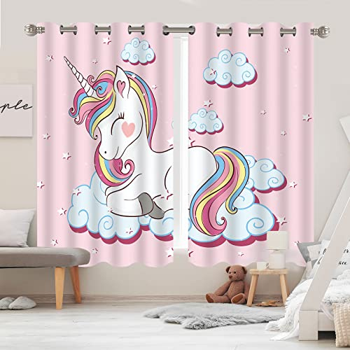 YISURE Unicorn Rainbow Eyelet Blackout Curtains, 52x72 Inch, 2 Panels | Cartoon Light Darkening Window Drapes, Decorative Nursery Curtains for Kids Bedroom