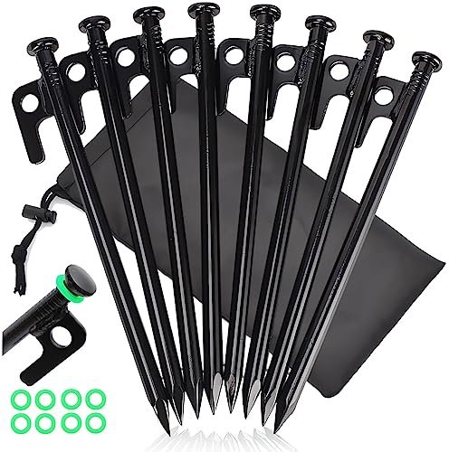 8 Piquetas para Tienda de Acero, Tarea Pesada Estacas para Tienda 20cm, Piquetas Camping Suelo Duro, Piquetas Largas y Estables para Camping, con Gancho y Aagujero para Acampar y al Aire Libre Ideal